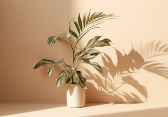 interior plants falling shadows beige background