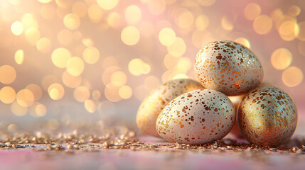 Golden eggs on a beautiful sparkling background. Happy Easter.