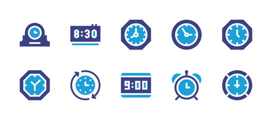 Clock icon set. Duotone color. Vector illustration. Containing clock, timing, alarm clock, wall clock.