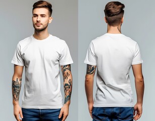 image of male in white t shirt, Male model wearing a white half sleeves tshirt front view and back view tshirt mockup