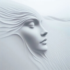 Delicate relief of a woman's face on white sand.