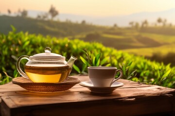 Hot green tea with teapot on wooden table with blurred nature tea plantation background, copy space for text.