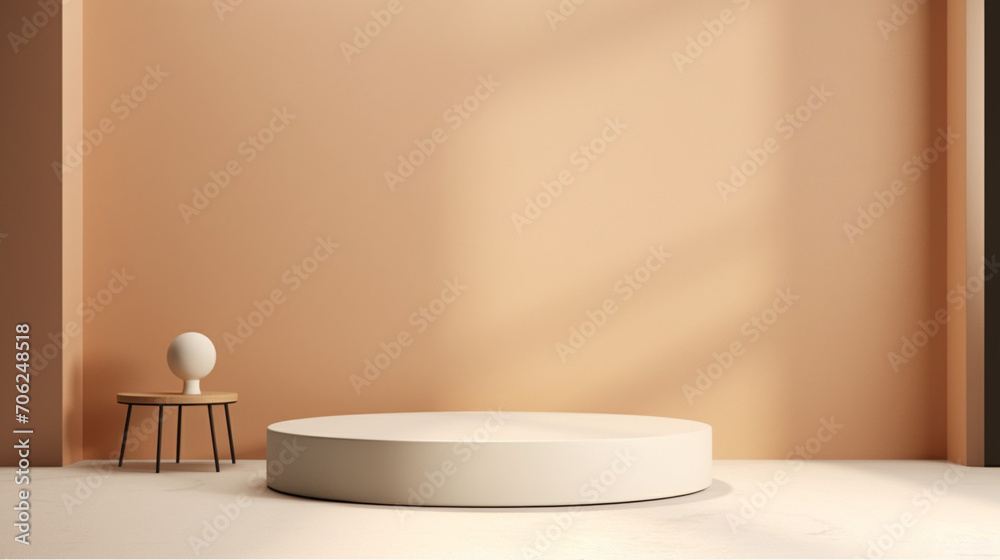 Poster empty stage light on beige background. mock up product display podium with generative ai.