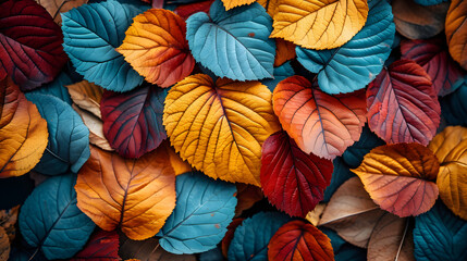 Fototapeta na wymiar Colorful leaves spread out in large groups on black background,