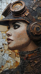 Ancient mosaic art, portrait, steampunk woman Generative AI