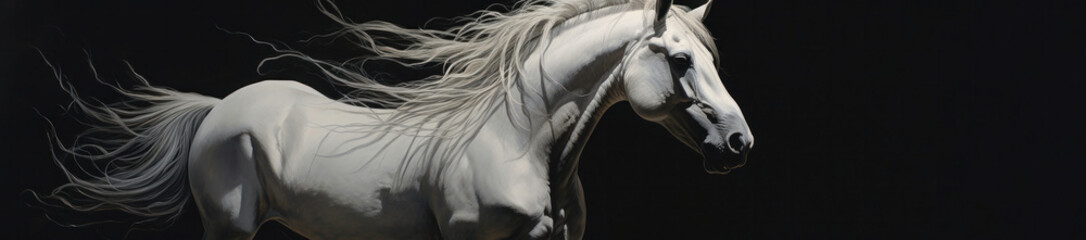 Fototapeta premium Wide view of a running beautiful white horse on a black background.