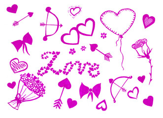 Set of love elements. Purple color on white background. Doodle. Hearts of different shapes. Cupid's bow and arrows. Bouquet of flowers, bows, rose, balloon, flowers. The word Love from little hearts.