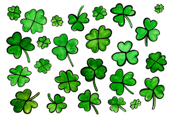 Set of clover leaves of different shapes and sizes. Green color with a black outline on white background. Watercolor. They consist of three or four leaves. Some leaves have a shoot. St. Patrick's Day.