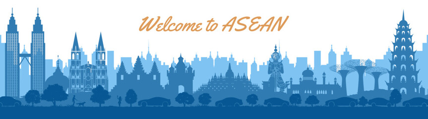 Obraz premium ASEAN famous landmarks by silhouette style