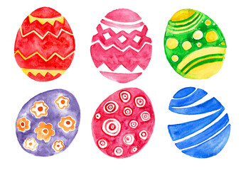 Set of painted Easter eggs. All eggs have different colors and decorations. Isolated on white background. Watercolor. Red, yellow, pink, green, blue, orange, purple color. Different geometric elements
