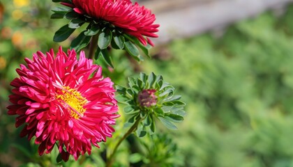 Aster flowering in the garden  with copy space