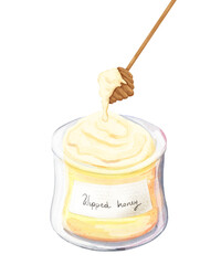digital watercolor, a jar of whipped honey, with a wooden spoon for honey with thick drops flowing down. Isolated on a white background