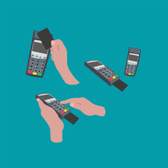 Businessman, online shopping, e-commerce Pay by credit card with a card swipe machine and
Tap your debit or credit card at the swiping machine to pay.