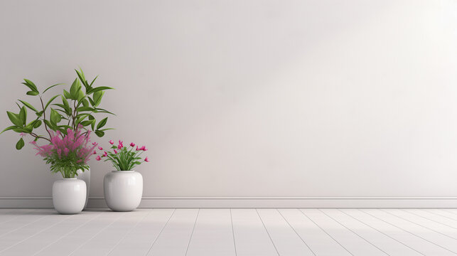 Empty beautiful background with interior for advertising and presentation design. Image for selling goods on marketplaces. Minimalistic light wall and floor. Plants and flowers.