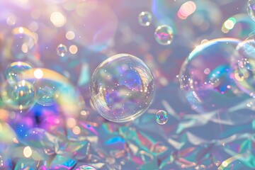 Macro shot bubbles flying on a holographic foil background minimalist photorealistic