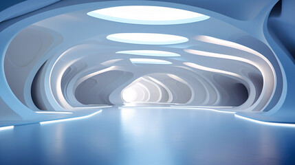 Obraz premium Empty beautiful background with interior for advertising and presentation design. Product promotion, image for selling goods on the website. Futurism, smooth forms. White, blue backlight.