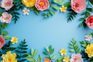 Top view of colorful paper cut flowers on colorful background with copy space. - obrazy, fototapety, plakaty