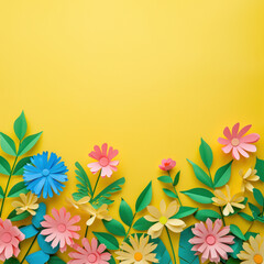 Fototapeta na wymiar Top view of colorful paper cut flowers on colorful background with copy space.