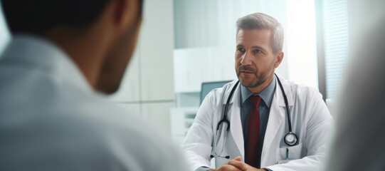 Doctor, male patient and conversation in an office for medical exam results or consultation in a hospital. Confident, man and serious discussion about health, insurance or treatment for illness