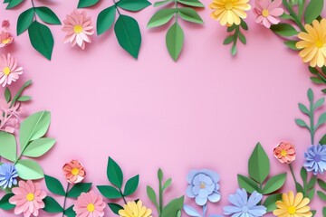 Top view of colorful paper cut flowers on colorful background with copy space.