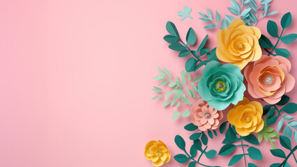 Obraz premium Top view of colorful paper cut flowers on colorful background with copy space.