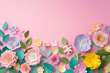 Top view of colorful paper cut flowers on colorful background with copy space. - obrazy, fototapety, plakaty