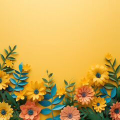 Top view of colorful paper cut flowers on colorful background with copy space.