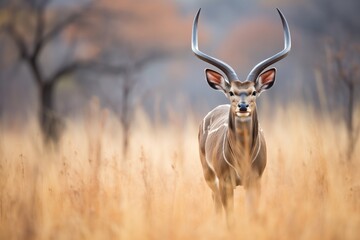 kudu walking through a golden grassland