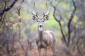 Naklejka premium kudu bull standing alert in dense bush