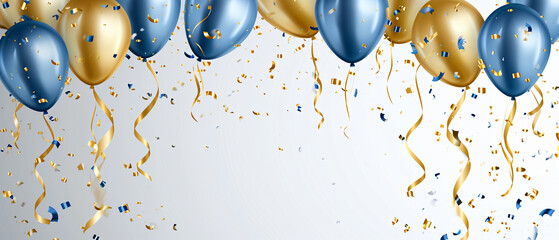 Birthday party holiday background with golden and blue metallic balloons, confetti and ribbons. Wide screen. Copy space. - obrazy, fototapety, plakaty