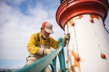 Fototapeta premium worker repainting a rusted lighthouse railing