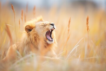 lone lion yawning amidst golden grass