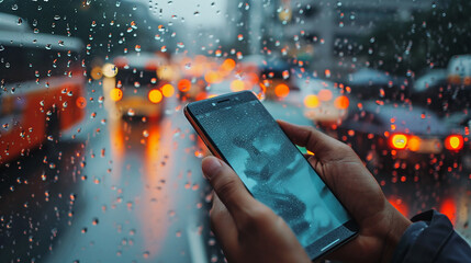 Rainy Day Concept. Hand Holding Smartphone . Blurred Traffic Jam and Rain Drops on Glass Window as background