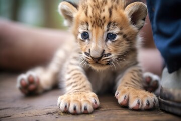 young cub with oversized paw in focus
