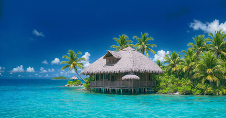 A hut in the middle of the ocean surrounded by palm trees.