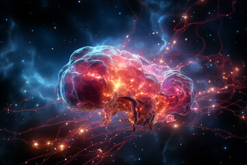 Brain shaped universe, beautiful, psychedelic colors, cinematic dramatic atmosphere