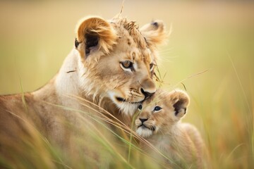 Fototapeta premium lioness grooming her cub in grassland