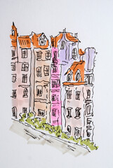 House sketch created with liner and markers. Color illustration for design