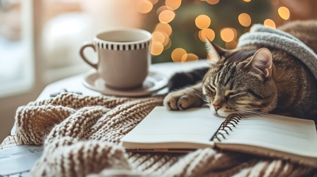 A cute cat rests on a table beside a blank notepad and a cup of coffee, exuding a sense of relaxation and embodying the cozy hygge concept. Ample copy space is available