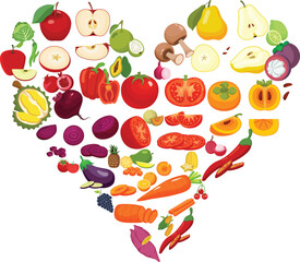 vector big set of flat whole and sliced fresh fruits and vegetables love shape.