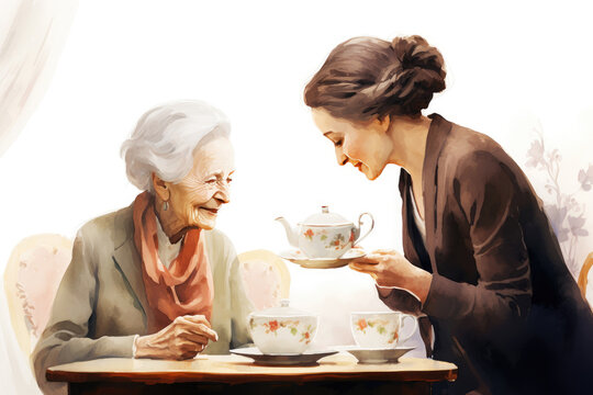 30-year-old European woman enjoying a peaceful cup of tea with her elderly mother, a simple yet profound moment of companionship