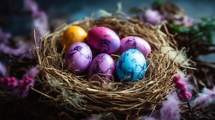 Easter joy: vibrant colored eggs and nest arrangement for cheerful greeting card design