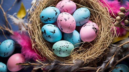 Fototapeta premium Easter joy: vibrant colored eggs and nest arrangement for cheerful greeting card design