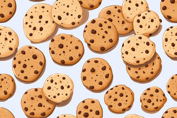Illustration of a charming seamless pattern with chocolate chip cookies, each cookie having a unique distribution of chips, giving a homemade feel