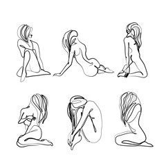 Woman abstract silhouette set, nude body, single line on white background, continuous line drawing, tattoo and logo design, isolated vector illustration.