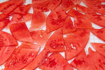 The process of drying a watermelon. Step 1. Watermelons are dried in a dryer for vegetables and fruits. Delicious watermelons slices on a net, top view. content for a blog about healthy nutrition.