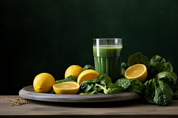 An intricately designed scene highlighting a glass of freshly squeezed spinach and apple juice, with minimalistic details against a serene background.
