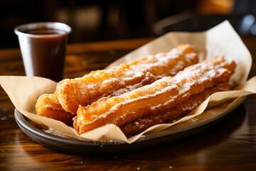 Photo of a churro, showcasing its fried dough shape and sugary coating