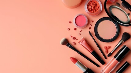 Fashion and beauty blogging concept showcased in a long web format. Top-view composition of makeup products and decorative cosmetics on a peach-colored background, offering generous copy space for ban