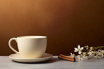 A visually compelling composition featuring a minimalist chai tea latte in an elegant cup, against a plain background in soothing tones, capturing the warmth.
